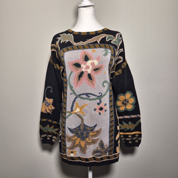 Peruvian Connection RARE Vintage 100% Pima Cotton Whimsical Floral Panel Sweater - Picture 1 of 6